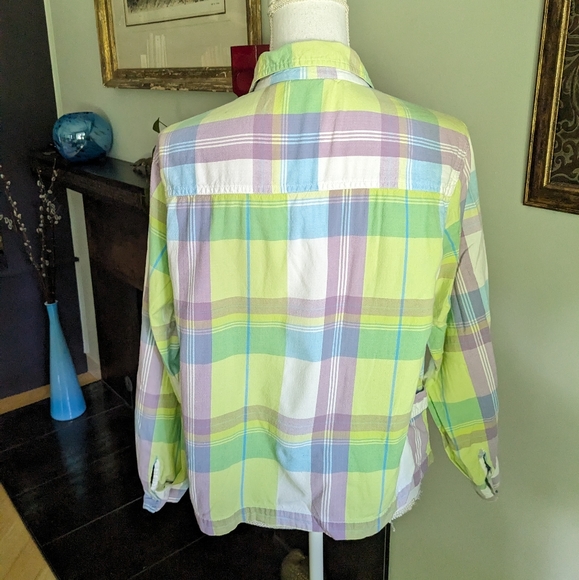 Y2K Style Plaid Jacket Zip Front Cotton Cropped Length Womens Large Green Purple - Picture 5 of 9